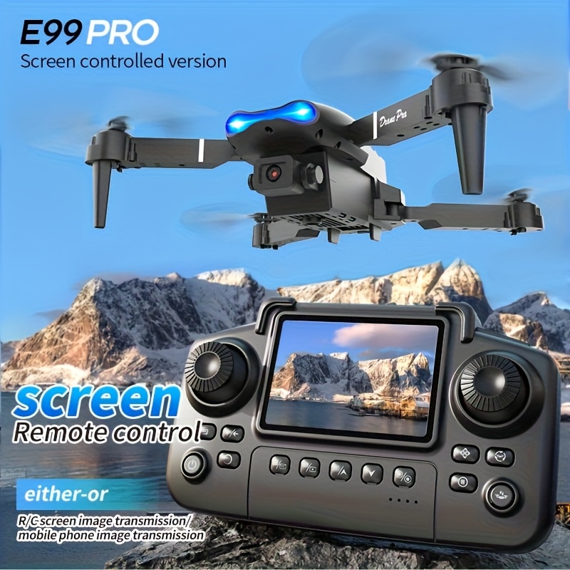 Drone Controller Screen - アップグレードされた2026 E99PRO MAXドローンは、デュアル8Kカメラ、画面内リモコン、2つのバッテリー、ワンキーリターン、折りたたみ式デザイン、USB充電、Wi-Fi接続、フライトゲーム機能を搭載しています。 このドローンは初心者やマーキーナイトに適しています
